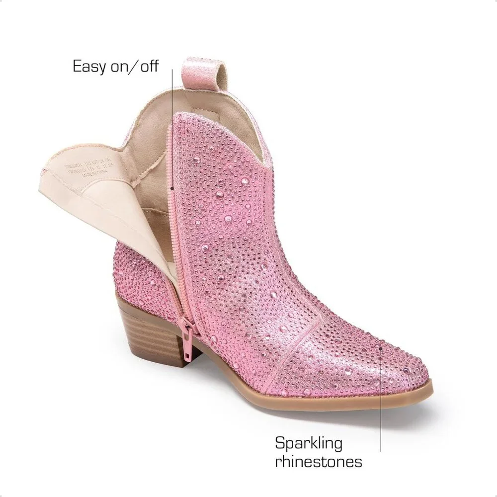 ⚡Girls Pink Cowgirl Rhinestone Zipper Boots Ankle Low Heel Dress Booties